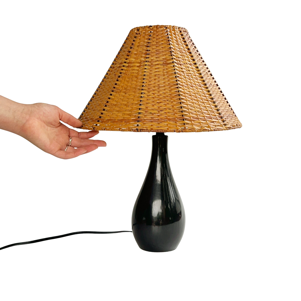 Ceramic Teardrop Lamp with Vintage Rattan Shade