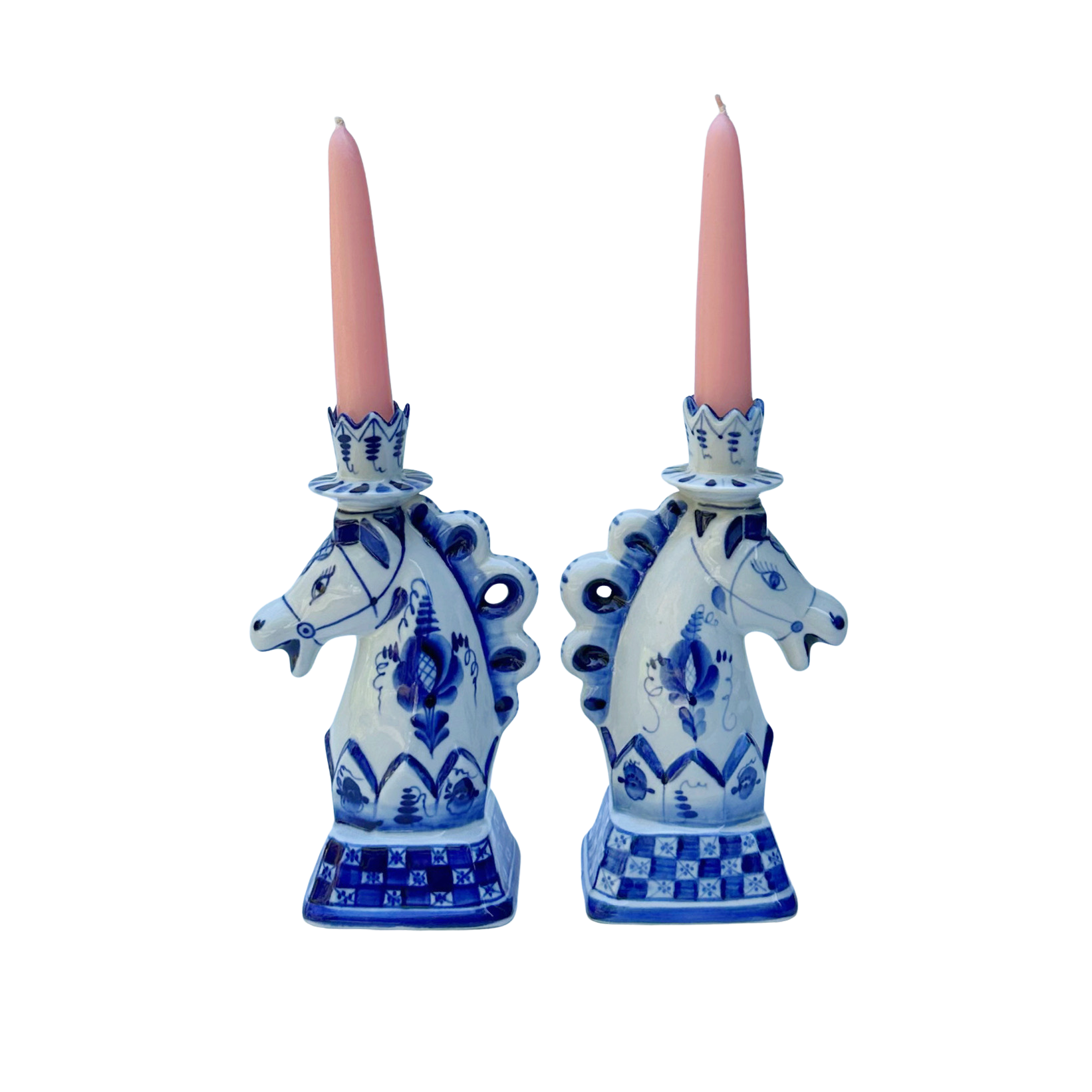 Vintage Hand-painted Russian Gzhel Horse Candle Holders (Set of 2)