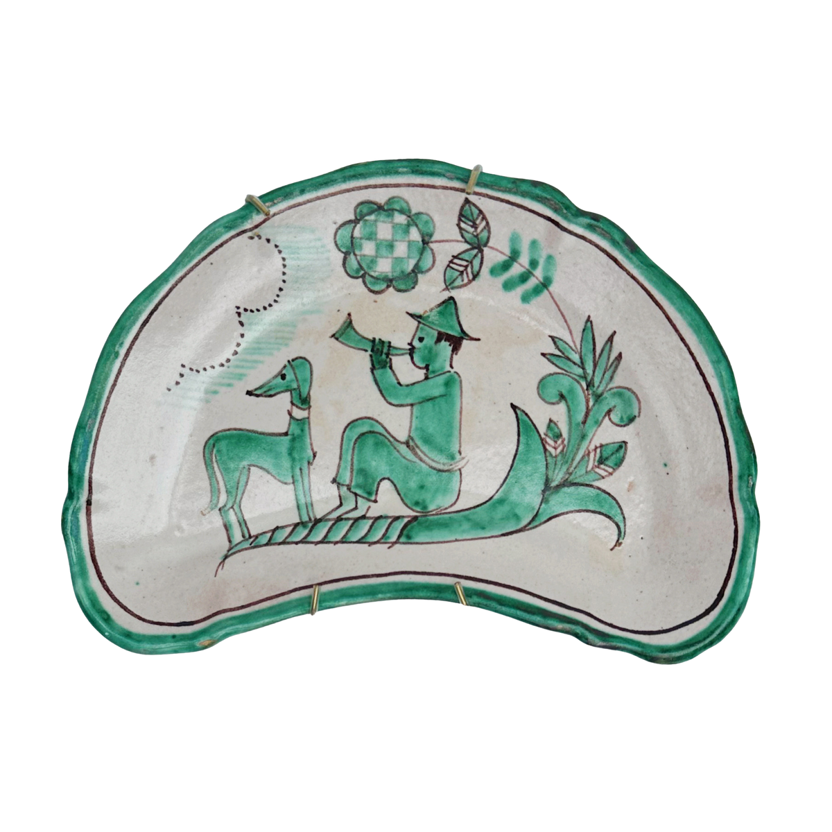 Vintage Hand-Painted Ceramic Bone Plate | Bugler with Hound