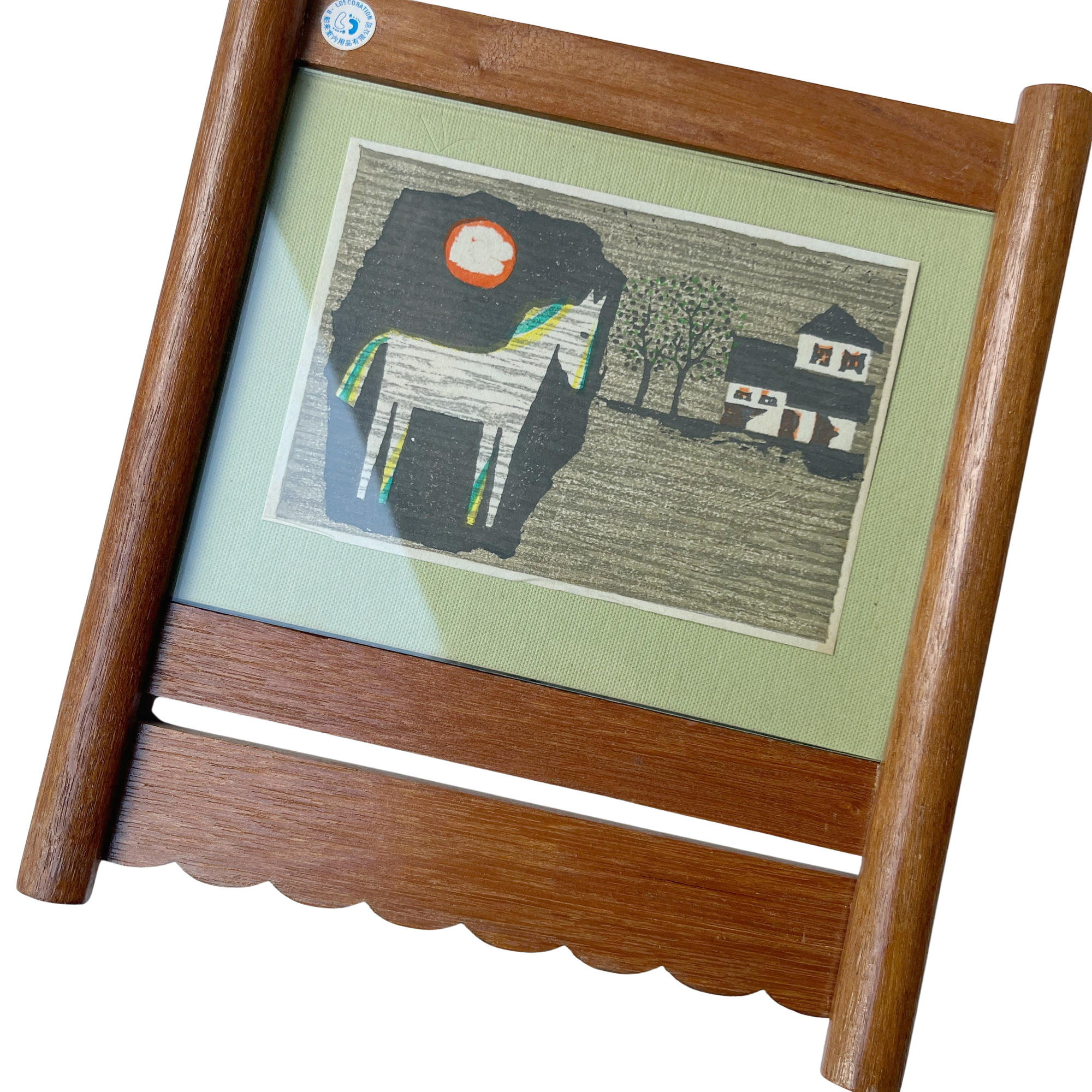 Vintage Japanese Woodblock Art in Scalloped Teak Frame