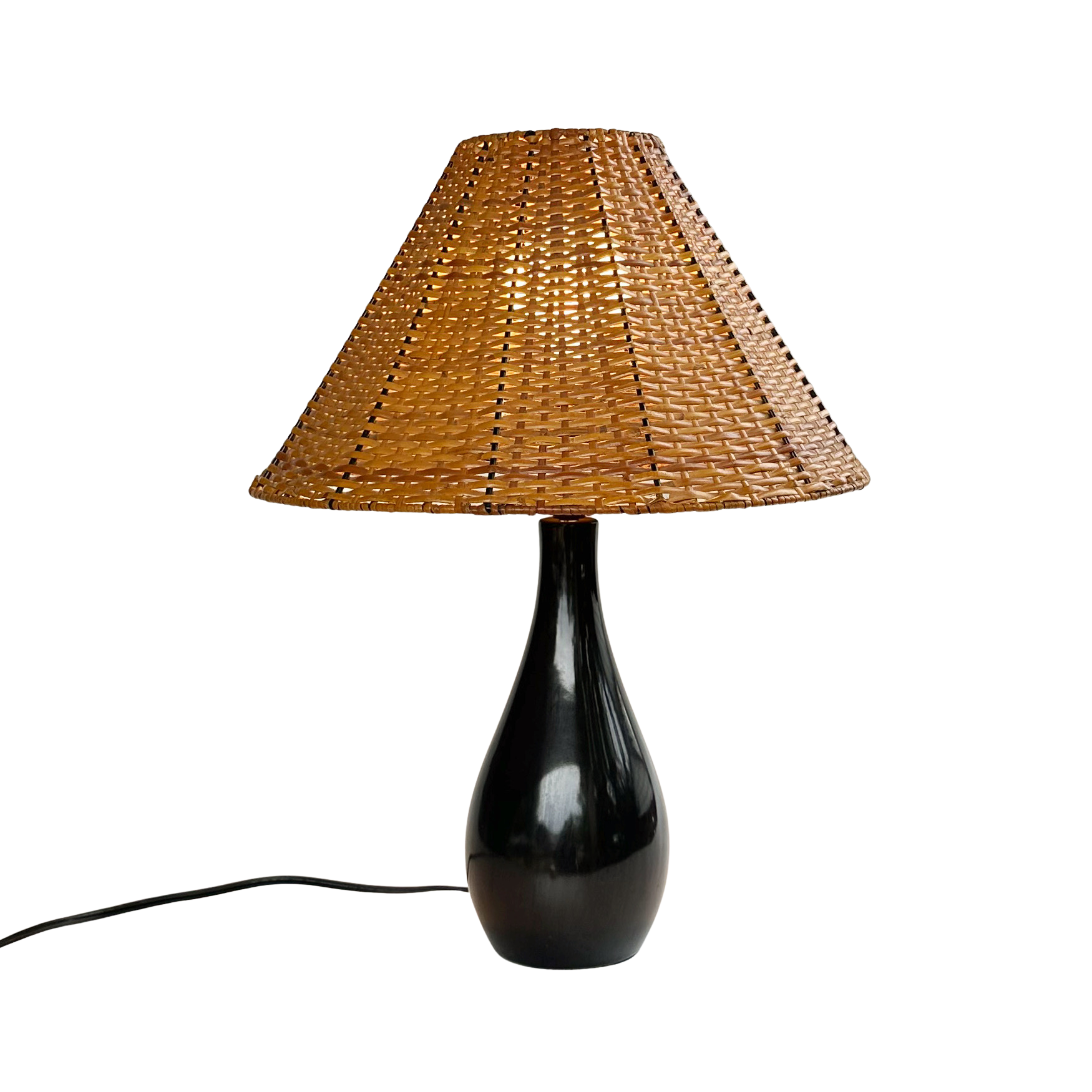 Ceramic Teardrop Lamp with Vintage Rattan Shade
