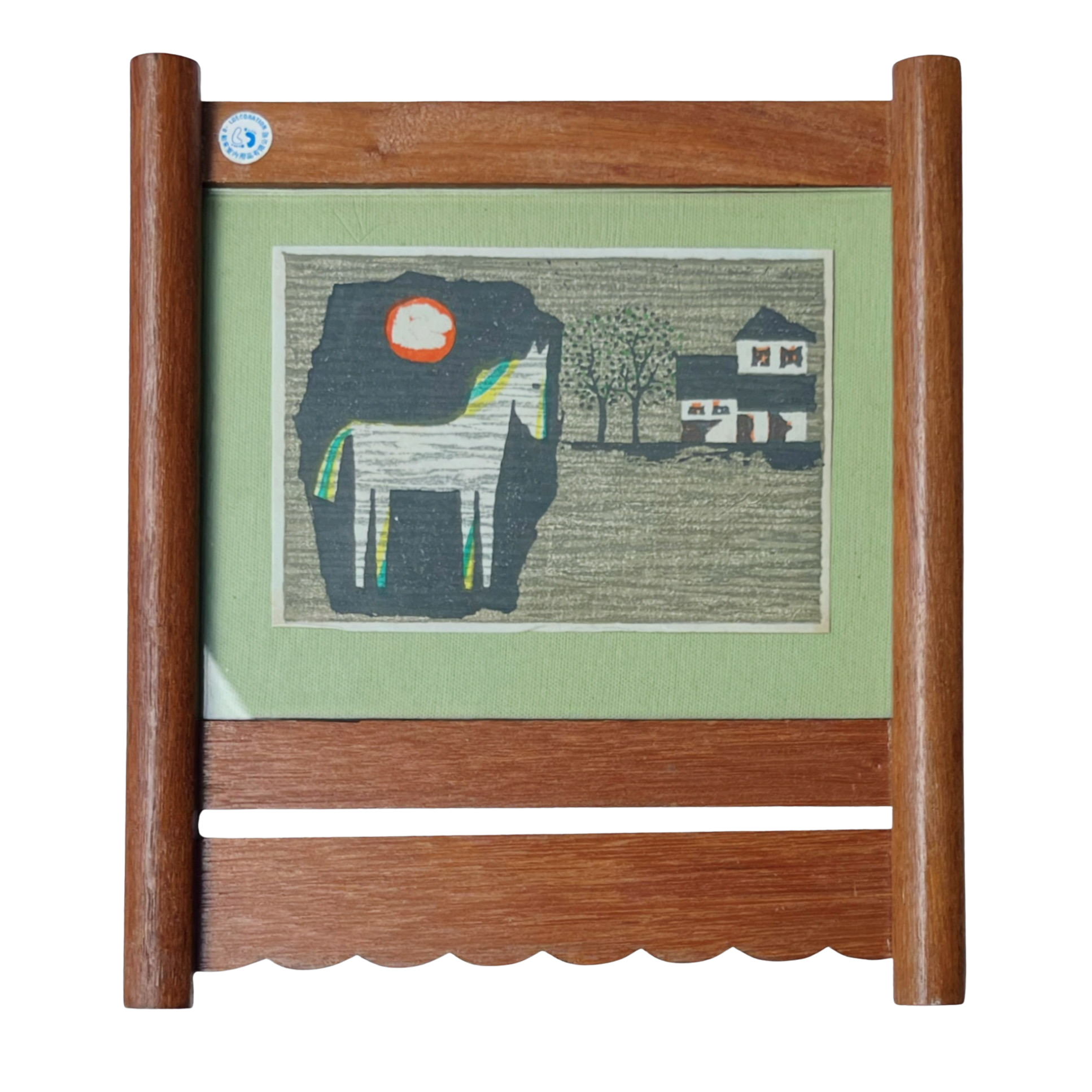 Vintage Japanese Woodblock Art in Scalloped Teak Frame