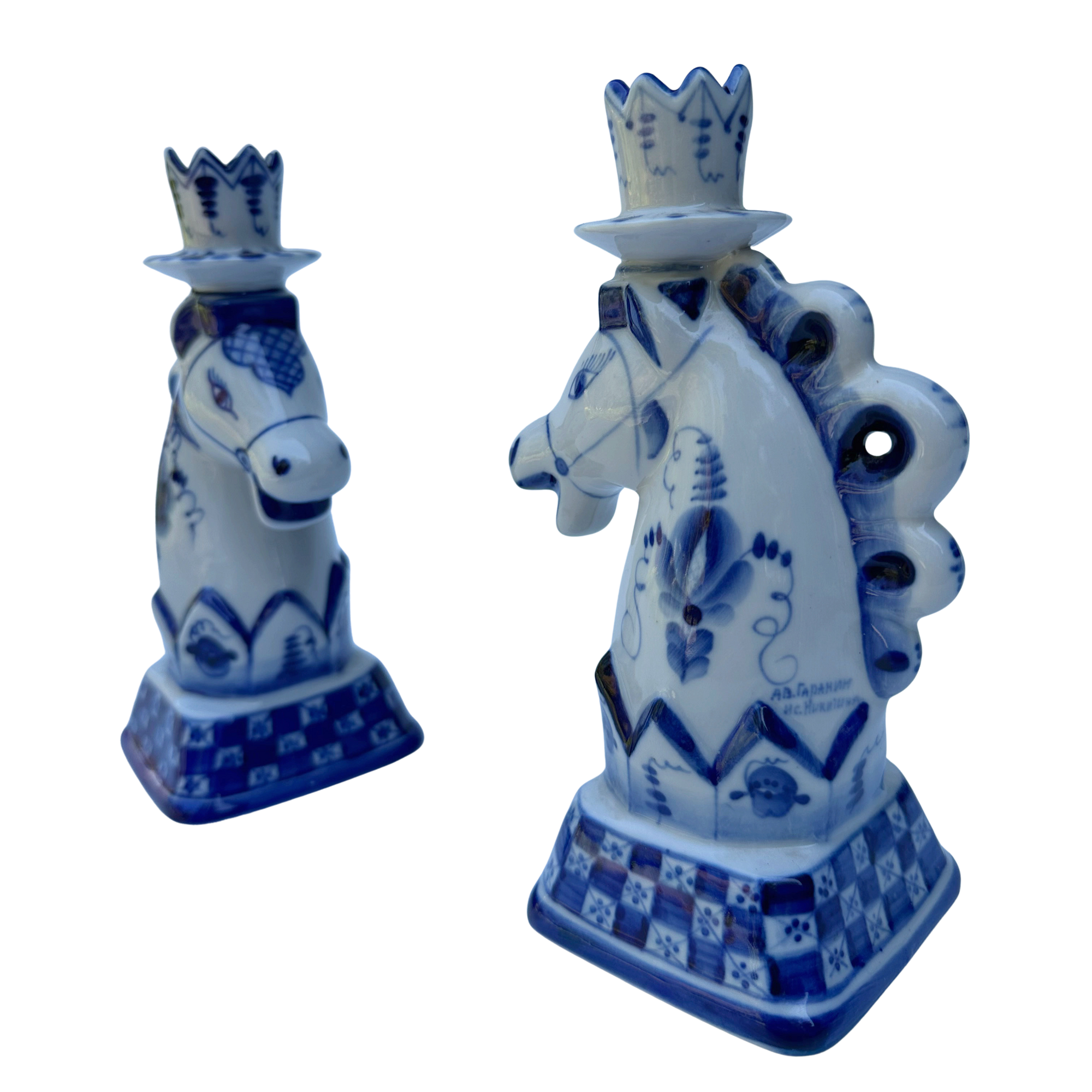 Vintage Hand-painted Russian Gzhel Horse Candle Holders (Set of 2)