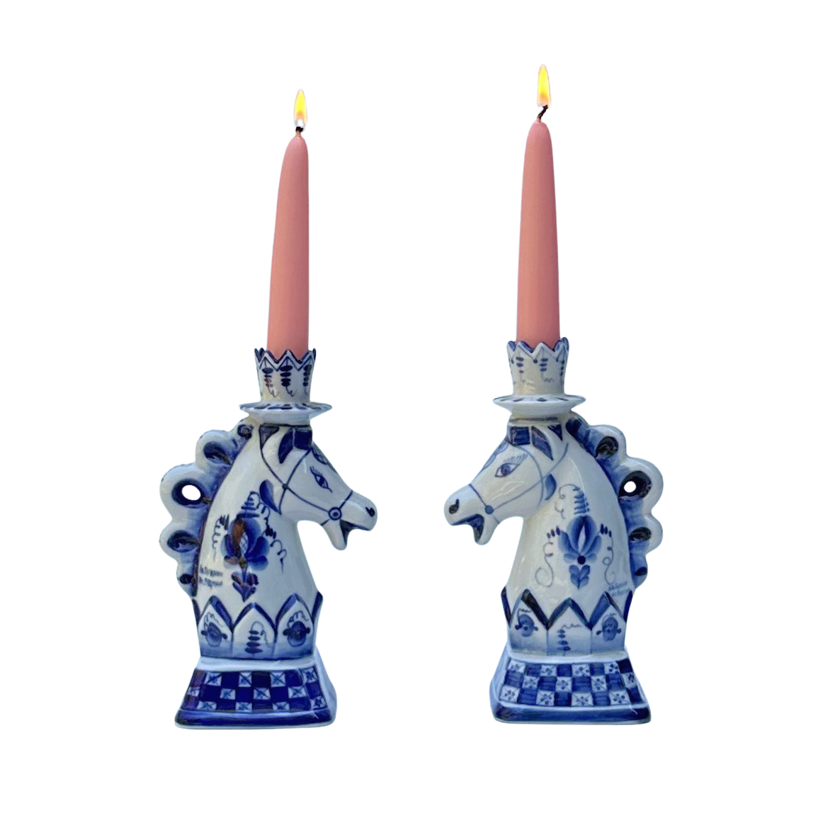 Vintage Hand-painted Russian Gzhel Horse Candle Holders (Set of 2)