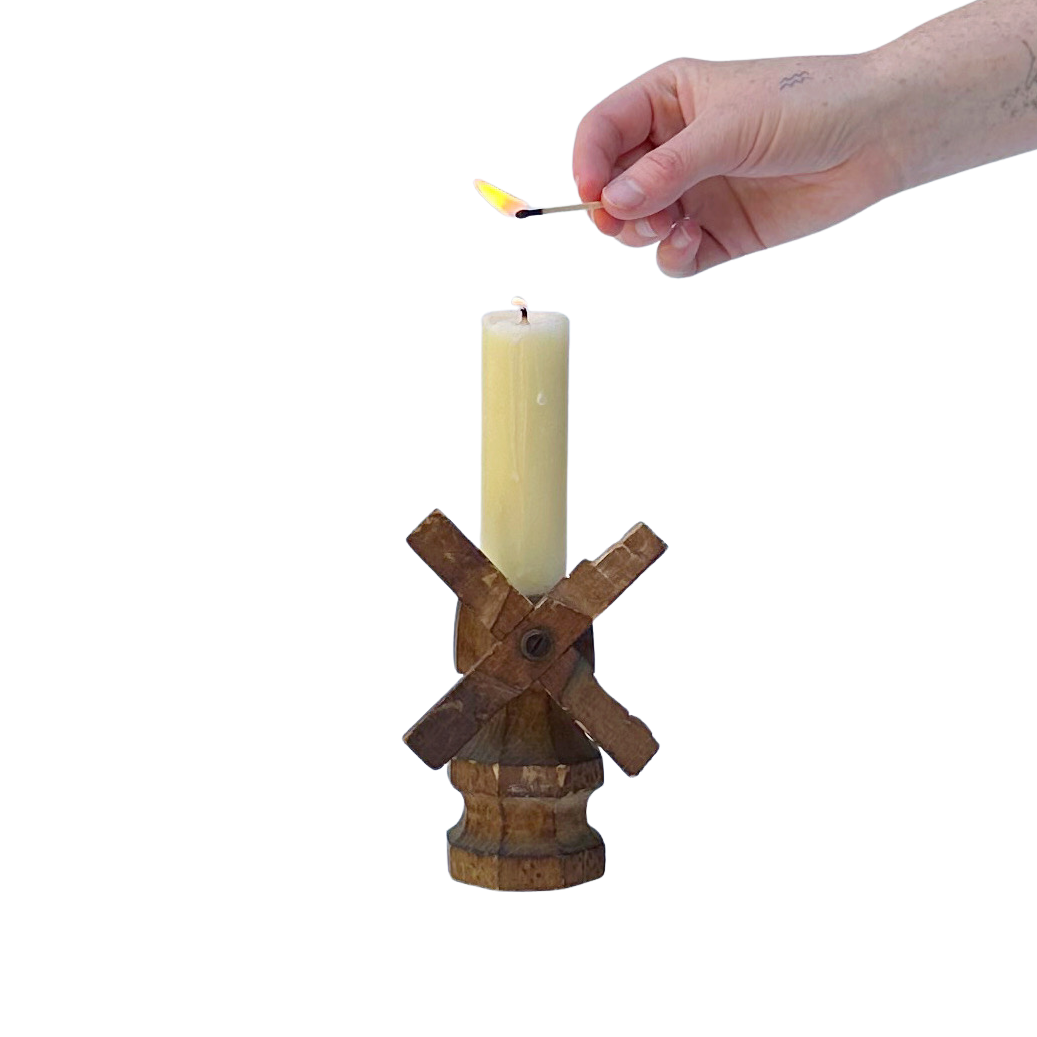Folk Art Carved Wood Windmill Candle Holder