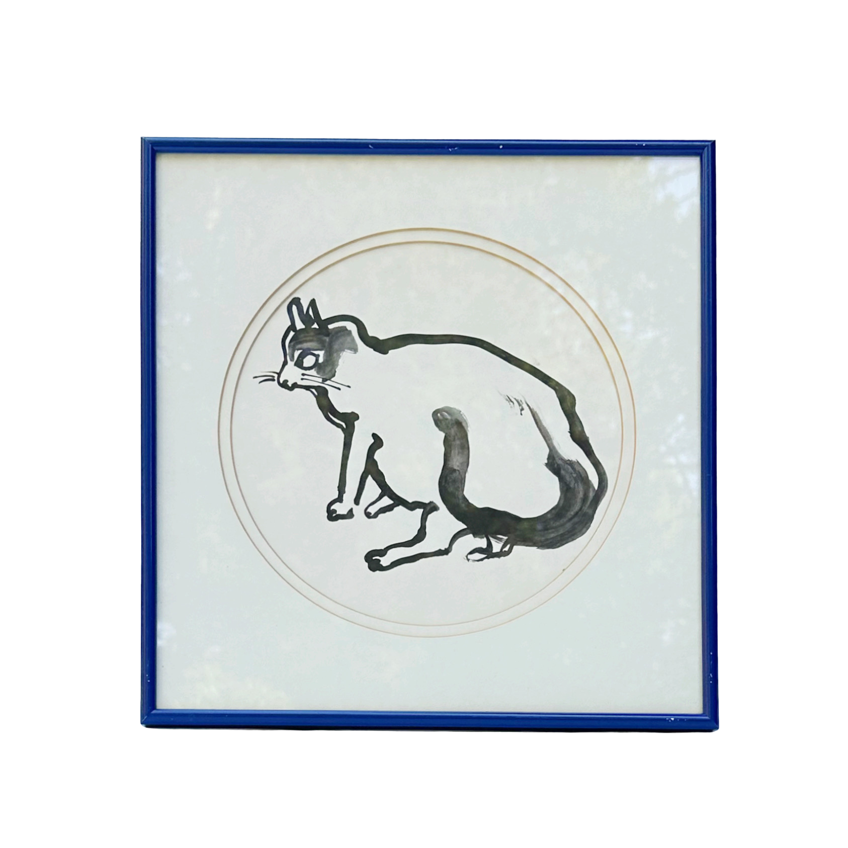 Original Ink Wash Cat Sketch in Blue Frame