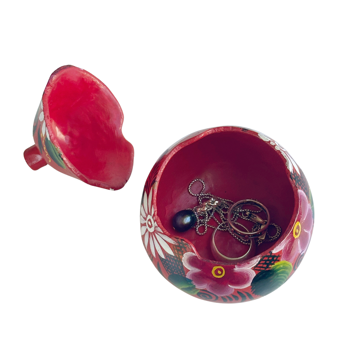 Vintage Mexican Folk Art Gourd Trinket Box