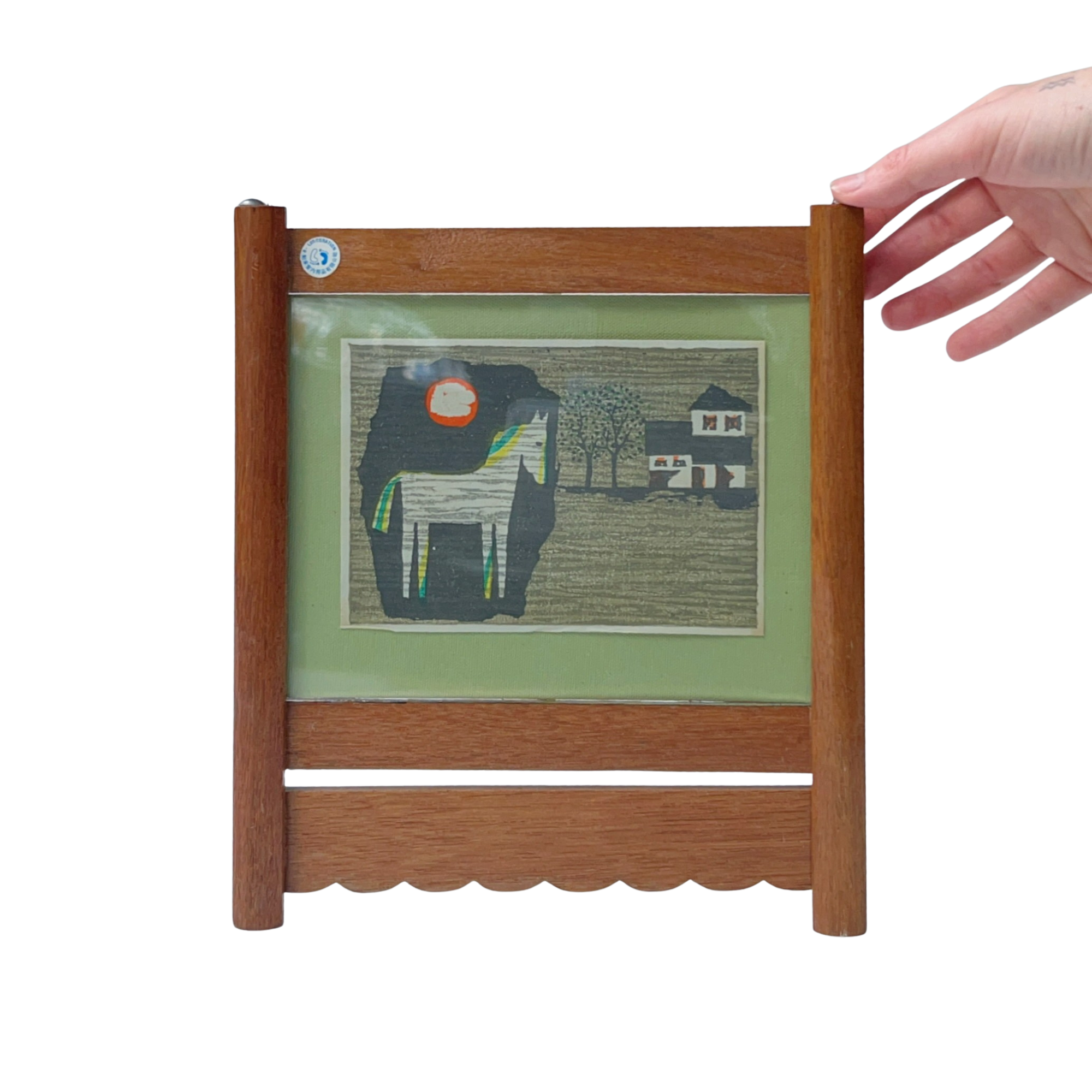 Vintage Japanese Woodblock Art in Scalloped Teak Frame