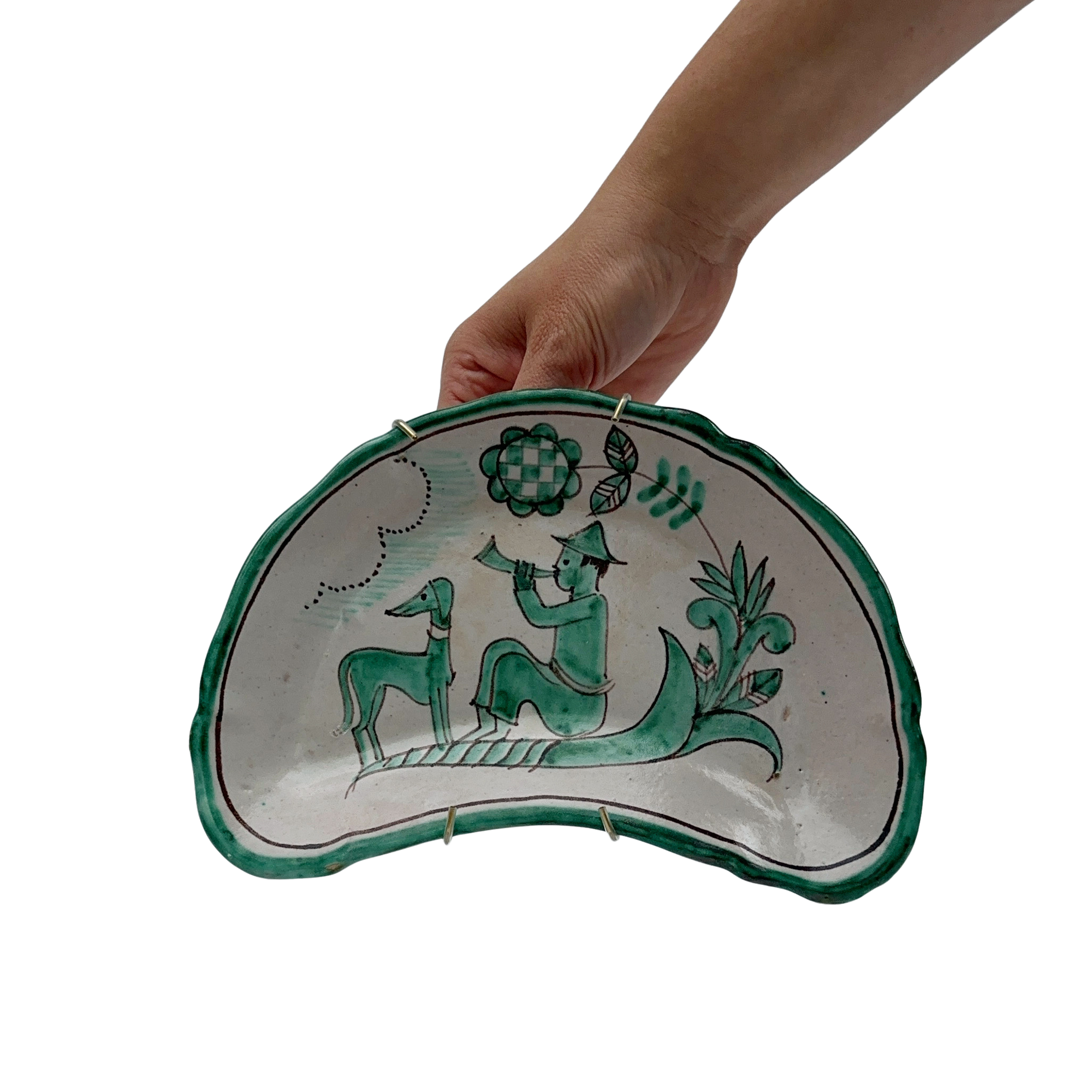 Vintage Hand-Painted Ceramic Bone Plate | Bugler with Hound
